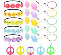 Xinnun 20 Pezzi Set di Accessori per Costume Hippie Anni '60 e '70 Fascia per Capelli con Corona di Fiori Occhiali da Sole Bracciale con Perline Collana con Segno di Pace per Disco Festa Retrò