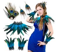 Xinnun 6 Pezzi Accessori per Costumi da Donna con Piume di Pavone 1 Fermaglio per Capelli in Piuma di Pavone 1 Coprispalle con Piume 1 Paio Polsini in Piuma 1 Paio Orecchini con Piume per Carnevale