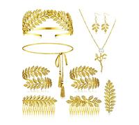 Xinnun 9 Pezzi di Accessori per Costume da Dea Greca tra cui Toga Cintura Corona Orecchini Braccialetti Pettini e Collane con Foglie d'Alloro d'oro per Donne Festa Matrimonio