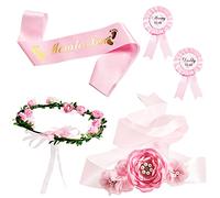 Xinnun Kit da 5 Pezzi Fascia per Maternità di Baby Shower Sash a Mom To Be e Spilla Corpetti a Daddy To Be Corona di Fiori Sash per Gravidanza Copricapo con Ghirlanda di Rose per Genitori (Rosa)