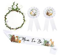 Xinnun Kit di Fascia per Baby Shower Spilla per Futura Mamma a Tema Bosco Corsage Daddy to Be con Corona di Fiori e Foglie Regalo per Maternità e Rivelazione di Sesso del Bambino, 4 Pezzi