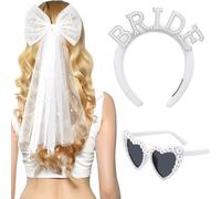 Xinnun Set di 3 Accessori per Addio al Nubilato da Donna Velo Bianco di Perle con Fiocco Occhiali da Sole di Cuore di Perle Cerchietto da Sposa Decorazioni per Addio al Nubilato Addio al Nubilato