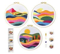 Xinpinzhou 3pcs Kit Ricamo Principianti Paesaggio Montano, Schemi per Set Ricamo Starter Mezzo Punto Croce Kit da Ricamare Mezzopunto a Mano Stampato Bambini Embroidery