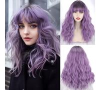 Xinran Parrucca ondulata lunga viola con frangia, da donna, lunghezza media, capelli sintetici naturali, resistenti al calore, con radici scure, per feste, cosplay, tutti i giorni, Halloween