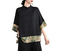 xinrishe Top Patchwork Con Stampa Floreale In Stile Cinese Da Donna, Camicia Con Colletto Rialzato Maniche A 3/4 E Orlo Fluido, Camicetta In Stile Etnico Retrò(A)