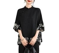 xinrishe Top Patchwork Con Stampa Floreale In Stile Cinese Da Donna, Camicia Con Colletto Rialzato Maniche A 3/4 E Orlo Fluido, Camicetta In Stile Etnico Retrò(B)