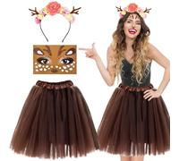 xinrongda Costume da Donna in Corno, Cerchietto in Corno con Fiori, Gonna in Tulle Gonna in Tutù, Tatuaggi Sul Viso Della Renna, Accessori per il Costume da Cervo per la Festa di Carnevale a Tema