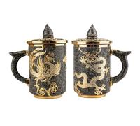 XINRUI Tazza da tè e caffè in pietra, boccale birra con coperchio, tazza manico motivi in rilievo in metallo, bere resistente al calore in stile cinese per casa ufficio