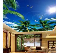 XINRUYI Carta da parati autoadesiva 3D per soffitto, con cielo azzurro, nuvole bianche, palme da cocco e gabbiani, ideale per decorare il soffitto di soggiorno e camera da letto