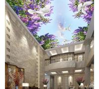 XINRUYI Carta da parati autoadesiva 3D per soffitto, con paesaggio di fiori viola e colombe, ideale per decorare il soffitto di soggiorno e camera da letto