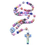 Xinsheinelry Rosario collana cattolica rosa perline religione lunga catena, 13.5cm 28cm 41.5cm 2.5*4cm 1.8cm, Perline in argilla morbida fatte a mano, croce in legno, placca triangolare