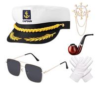 Xinstroe Set di 5 cappelli da capitano da yacht | Cappello regolabile con occhiali da sole, da capitano, guanti, distintivo per feste e cosplay