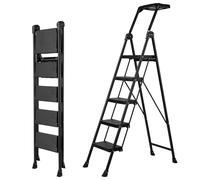 XinSunho Scala 5 Gradini Pieghevole, Massima 300 kg, Scaletta con Piattaforma per Attrezzi, Corrimano, Ampio Pedale Antiscivolo, Scaletto in Acciaio per Casa Giardino Pittura, Nero