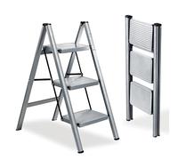 XinSunho Scala a 3 Gradini, Scaletta Pieghevole, Scaletto Domestica con Gradini Antiscivolo, Leggera e Compatta, Carico 150kg, Scaletto Portatile in Acciaio, Grigio
