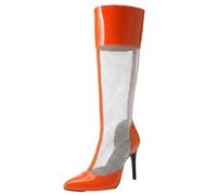 XINXINIO Stivali da donna con punta al ginocchio, tacco a spillo da 10 cm, brevetti artificiali, con cerniera posteriore, per feste, club e vita notturna, Colore: arancione., 38 EU