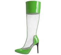 XINXINIO Stivali da donna con punta al ginocchio, tacco a spillo da 10 cm, brevetti artificiali, con cerniera posteriore, per feste, club e vita notturna, verde, 37 EU