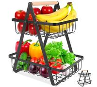 Xinxinphi Cesto Frutta 2 Livelli con Manico Legno, Ripiani Verdure Rimovibile Portatile, Porta Pane Metallo Tavolo, Fruttiera per Cucina Ufficio, Portafrutta per Conservare Verdura Spuntini (Nero)