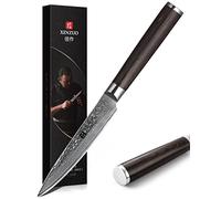 XINZUO Acciaio Damasco 12.3cm Coltello Multiuso, Professionale Coltello Universale Coltello Frutta Multifunzione Coltelli per Sbucciare e Verdura con Manico in Legno di Pakka- He Serie