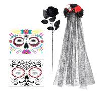Xionghonglong Dia De Los Muertos - Cerchietto per capelli, per Halloween, rosa artificiale, guanti in pizzo nero, tatuaggi per il viso di Halloween, collana (nero e rosso)