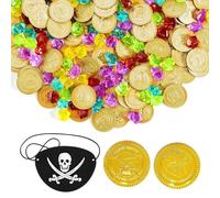 Xiqunw Set di 151 tesori dei pirati, 1 lembo per gli occhi dei pirati, 50 monete d'oro e 100 gemme elastiche, dorate, decorazione pirata, regalo per compleanno dei bambini, caccia al tesoro, Halloween