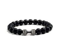 XIRUIFI Bracciale in pietra vulcanica naturale da uomo nero opaco con perline bianche con ciondolo a forma di manubrio, braccialetti da donna con bilanciere, gioielli per il fitness, Misura unica