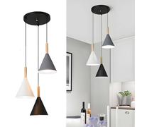 XIRYTU-H Lampadario a Sospensione a 3 Vie, Nordic Simple Metallo e Legno E27 3-in-1 Lampada a Sospensione per Camera da Letto, Soggiorno e Sala da Pranzo(3-luci, rotonde)