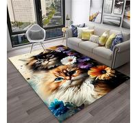 Xisnuient Tapis Floral Pastoral Avec Chat Mignon, Fußmatte Moderne Fantaisie Avec Chat, Salon Et Chambre À Coucher, Tapis De Divertissement Doux Et Antidérapant (Colore 1,80x120cm)