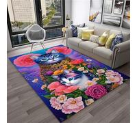 Xisnuient Tapis Floral Pastoral Avec Chat Mignon, Fußmatte Moderne Fantaisie Avec Chat, Salon Et Chambre À Coucher, Tapis De Divertissement Doux Et Antidérapant (Colore 5,50x80cm)