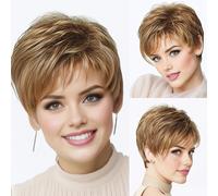 XIUFAXIRUSI XIUFAXIRUSI Parrucche corte bionde a strati da donna, taglio pixie castano, con frangia, dall'aspetto naturale, parrucca di ricambio per capelli sintetici