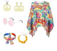 Xiujers Costume Hippie Donna, Costumi Carnevale Donna con Braccialetto, Cerchietto, Orecchini, Collana, Occhiali da Sole, Vestito Hippie Donna, Vestiti Anni 70 Donna, Vestiti Hippie Donna