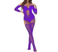 Xiusemy Body sexy da donna a rete Bodystocking One Piece Badydoll Indumenti da notte (Viola-JC), Viola-JC, taglia unica