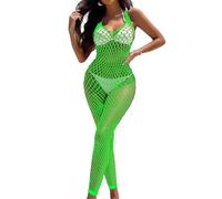 XIUSEMY Bodystocking Donna Sexy Body in Mesh Fishnet con Calze Lingerie Notturna a Collo V(Verde)