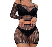 XIUSEMY Set Lingerie Donna: Babydoll Sexy in Rete Fischnetz, Bodystocking da Notte, Taglia Unica(Nero-19)