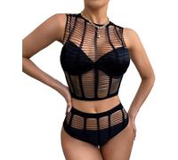 XIUSEMY Set Lingerie Donna: Babydoll Sexy in Rete Fischnetz, Bodystocking da Notte, Taglia Unica(Nero-ST)