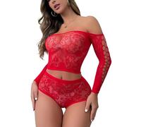 XIUSEMY Set Lingerie Donna: Babydoll Sexy in Rete Fischnetz, Bodystocking da Notte, Taglia Unica(Rosso-0050)
