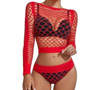 XIUSEMY Set Lingerie Donna: Babydoll Sexy in Rete Fischnetz, Bodystocking da Notte, Taglia Unica(Rosso-WG)