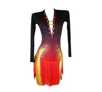 XIUWOUG Abito da Ballo Latino Maniche Lunghe Nero Rosso Nappine Strass Swing Dance Gonna da Competizione da Donna per Ballo da Sala Salsa Tango Samba Cha Cha Rumba,Black Red,L