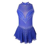 XIUWOUG Abito Pattinaggio Artistico Donna Bambina Blu Senza Maniche Strass Vestito da Danza Body da Ginnastica, Latino Americano,Blu,M