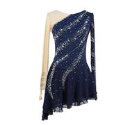 XIUWOUG Abito Pattinaggio Artistico Donna Strass Manica Lunga Blu Orlo Obliquo for Competizioni e Performance, Completo da Pattinaggio su Ghiaccio for Bambina,Blu,L