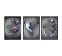 XIUWOUG Quadro su Tela Stamp Immagini Effetto 3d Wall Art Amore Cuore Grigio/Oro, Pittura Coppia Astratto Metallo Figura, Foto di camera da letto/bar/bagno/hotel,A,40X50cmx3 No Frame