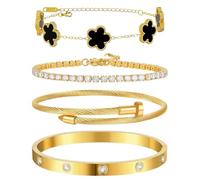 XIWCAFC Bracciale da donna con quadrifoglio,Braccialetti Donna oro in Acciaio Inossidabile Regolabile con Zircone Bracciale Amicizia Regali Per Ragazze (nero)