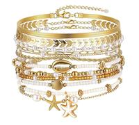 XIWCAFC Braccialetti Spiaggia Estiv da Donna,Set di Braccial da Surf Elastici con Perline Conchiglie Stelle Marine Impilabili Boemia Braccialetti Gioielli per Le Donne Amicizie Regalo