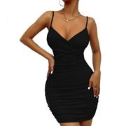XIWCAFC Mini Abito Sexy Donna Vestito Corto Spaghetti Strap Profondo Scollo a V Aderente da Sera Senza Maniche Fessura della Parte Anteriore Bandage Nero Abito Estivo a Spalla Clubwear Festa(Nero S)