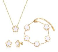 XIWCAFC Parure Gioielli Quadrifoglio da Donna 18K Placcato Oro Acciaio Inossidabile Fortunato Bracciali Collana Orecchini Fiore Set di Gioielli Sposa Regalo per Fidanzata Mamma (Bianco)