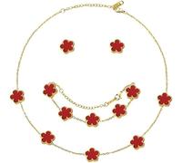 XIWCAFC Parure Gioielli Quadrifoglio da Donna 18K Placcato Oro Acciaio Inossidabile Fortunato Quadrifoglio Collana Orecchini Bracciali Set di Gioielli Sposa Regalo Dirndl Gioielli (Rosso)