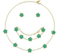 XIWCAFC Parure Gioielli Quadrifoglio da Donna 18K Placcato Oro Acciaio Inossidabile Fortunato Quadrifoglio Collana Orecchini Bracciali Set di Gioielli Sposa Regalo Dirndl Gioielli (Verde)