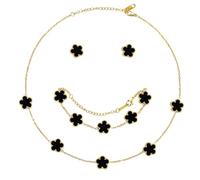 XIWCAFC Parure Gioielli Quadrifoglio da Donna 18K Placcato Oro Acciaio Inossidabile Fortunato Quadrifoglio Collana Orecchini Bracciali Set di Gioielli Sposa Regalo Dirndl Gioielli (Nero)