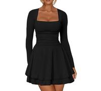 XIWCAFC Vestito Donna Maniche Lunghe Sexy Bodycon Mini Abito Colletto Quadrato con Volant Corto Vestiti da Sera Vita Alta Aderente Svasato Casual Abiti (IT, Testo, L, Regular, Regular, Nero)