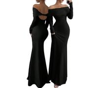 XIWCAFC Vestito Donna Maniche Lunghe Sexy Vestito Lungo con Spalle Scoperte Elegante Abito Maxi Senza Schienale Aderente Bodycon (IT, Testo, S, Regular, Regular, Nero)