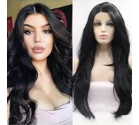 Xiweiya Long Natural Wavy # 1B synthetic Lace Front Wigs for Black Women Black Hair Heat Resistant Fiber Half Hand Tied 61 cm